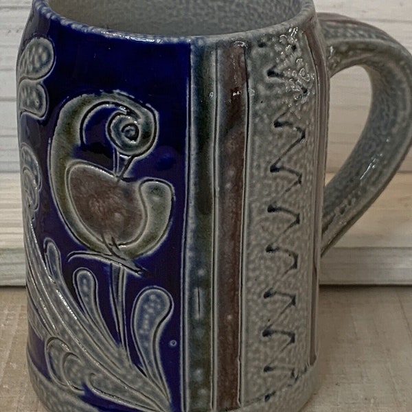 Vintage German Handarbeit Buchtal Pottery Mug Gray Cobalt Blue Salt Glaze Artist Stamped