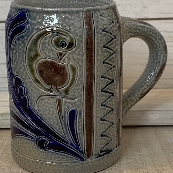 Vintage German Handarbeit Buchtal Pottery Mug Gray Cobalt Blue Salt Glaze