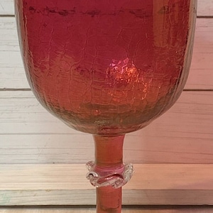 Vintage Extra Large 8 Inch Hand Blown Cranberry Crackle Wine Goblet Art Glass Stem