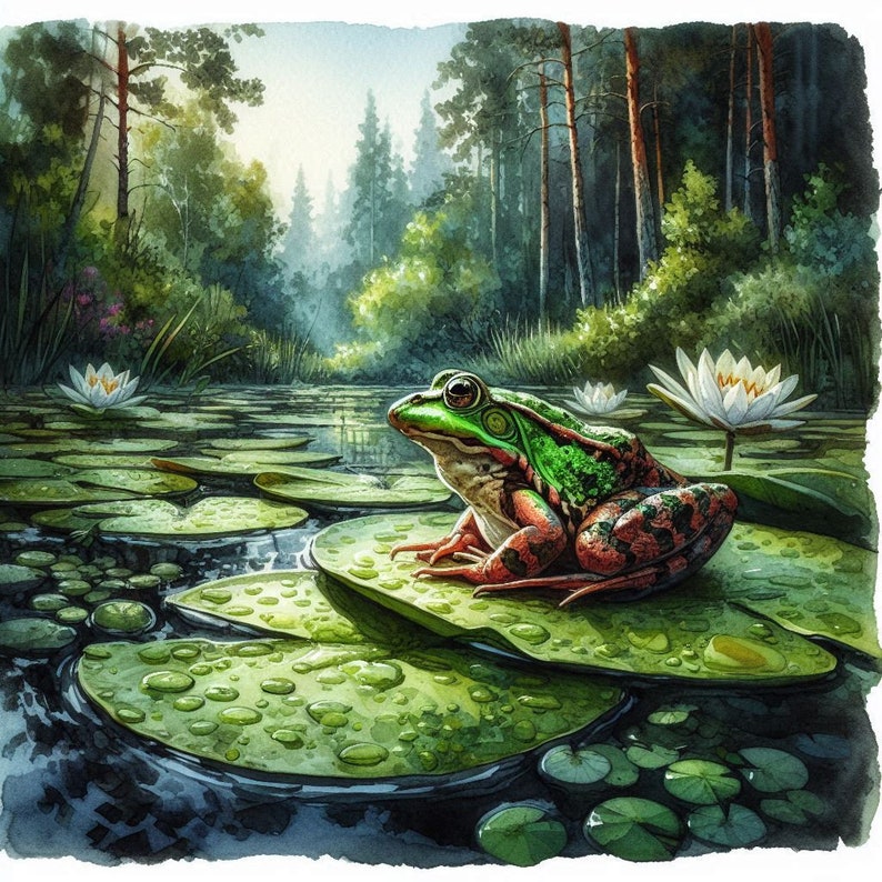 AI generated frog on a lily pad in a forest pond
