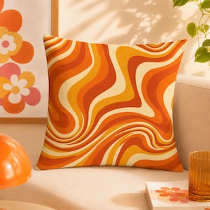 Retro 60s Throw Pillow Cover Only, Groovy Wavy Pillow Case, Mid Century Modern Decor, Orange Abstract Cushion Cover, Funky Boho Pillow Case