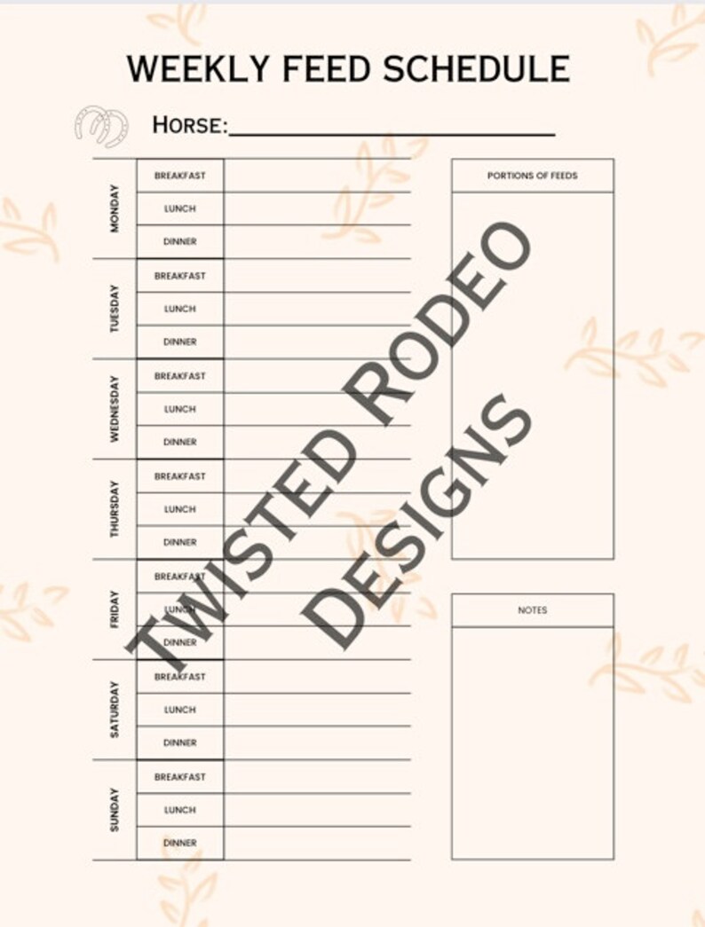 Weekly Feeding Schedule - Horse - Etsy