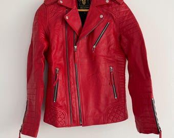 Aries Leathers Women’s XS Red Quilted Leather Short Biker Jacket Zip