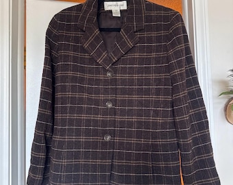 Jones New York women’s Brown Plaid Tweed Wool Blazer