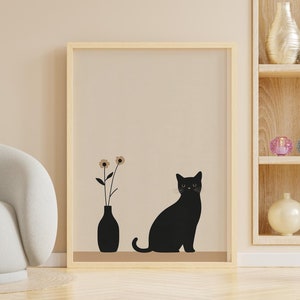 Cartel minimalista de gato negro con jarrón floral, arte de pared digital, arte de pared minimalista, ilustración de gato negro