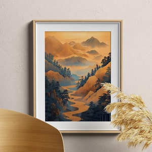 Golden Serenity, Traditional Japanese Landscape Illustration, digital print, home decor, wall art, digital art