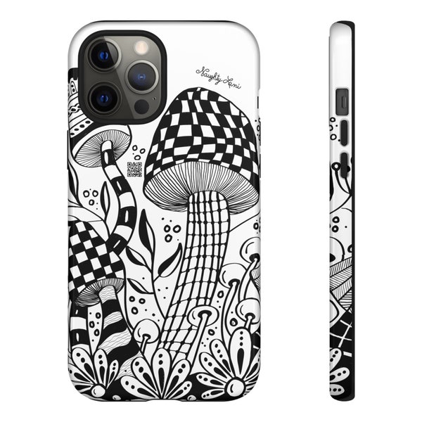 iPhone case, Tough Phone case, Supports Wireless Charging, Men's and Woman's Gift idea, Phone Case, Blackwork Tattoo Mushroom Design