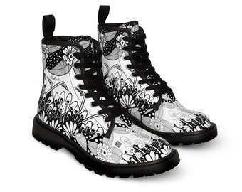Boot, Women's Canvas Boots, Women's Boots, Canvas Boots in Blackwork Tattoo Style Art, Customizable wearable art, Mushrooms & Flowers