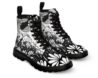 Boot, Women's Canvas Boots, Women's Boots, Canvas Boots in Blackwork Tattoo Style Art, Customizable wearable art
