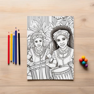 Masqueraders; Caribbean Island Love Coloring Page - Instant Download