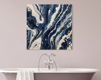 Abstract blue nautical acrylic pour painting, Abstract blue art for bathroom, navy blue art, copy of original (Printed onto canvas)