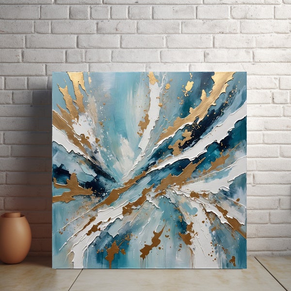 Blue and gold Abstract acrylic painting, Textured Abstract blue art, gold metallic art, copy of original (Printed onto canvas)