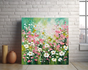 Floral meadow abstract painting, flowers abstract art, spring flowers painting, copy of original (Printed onto canvas)