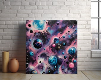 Zodiac Abstract outer space painting, planets acrylic pour painting, purple blue galaxy stars, copy of the original (Printed onto canvas)