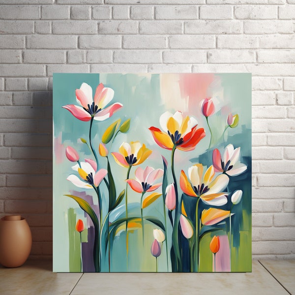 Tulips floral abstract art, bright flowers abstract art, spring flowers painting, copy of original (Printed onto canvas)