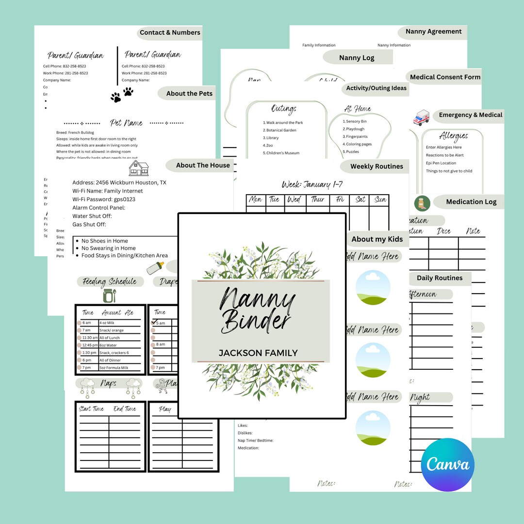 Editable Nanny Binder/ Nanny Agreement/nanny Notes/ Nanny Planner ...