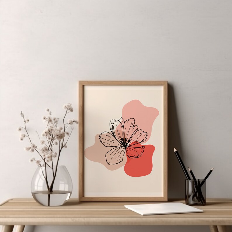 Red Flower Wall Art Minimal Flower Line Art Living Room Minimalist Floral Print Boho Wall Decor Modern Art Print Botanical Line Art Print image 5