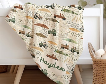 Tractor Name Blanket, Boho Tractor Blanket, Truck Name Blanket, Baby Boy Shower Gift, Toddler50x60,Personalized Minky Blanket,Sherpa,Tractor