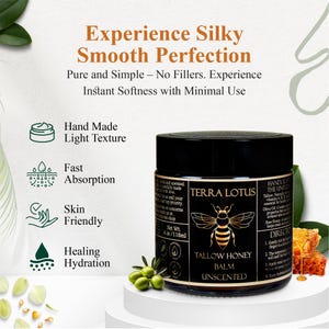 以下が含まれることがあります： 「Terra Lotus Tallow Honey Balm Unscented」と金色に書かれたラベルが貼られた黒い瓶。瓶は緑の葉とハチのイラストで囲まれています。瓶には118mlのバルサムが入っています。