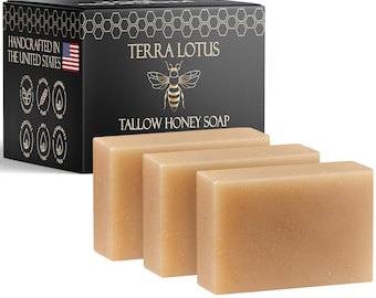 Organic Tallow Soap with Organic Castor Oil and Raw Honey - Relief for Dark Spots, Acne Marks, Hydrating & Nourishing - 3 Pack