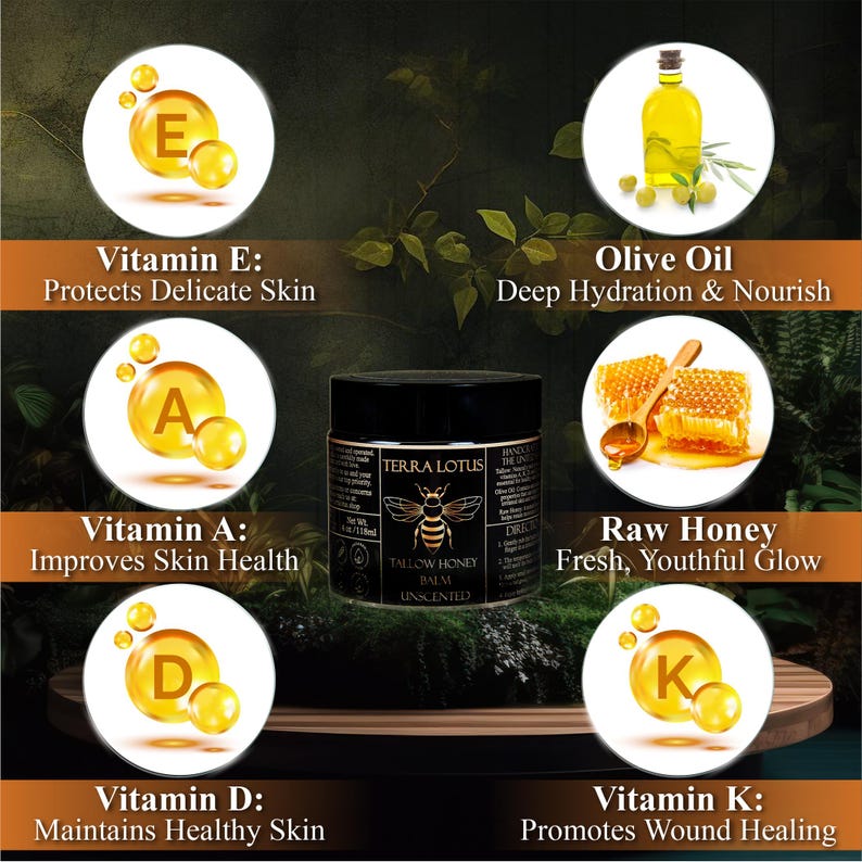 以下が含まれることがあります： 「TERRA LOTUS TALLOW HONEY BALM UNSCENTED」と金色のラベルが貼られた黒い瓶。瓶の周りは、ビタミンA、D、E、K、オリーブオイル、生ハチミツのイラストで囲まれており、バームの成分が強調されている。