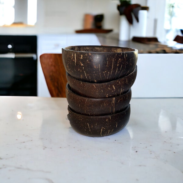 Set of 4 Natural Coconut Serving Bowls, Eco-Friendly Handcrafted Coconut Bowls for Dining, Tropical Tableware, Sustainable Kitchen Decor