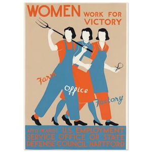 1940&#39;s Women Work for Victory Poster - Vintage WPA women female work wwii ww2 print farm, office, factory