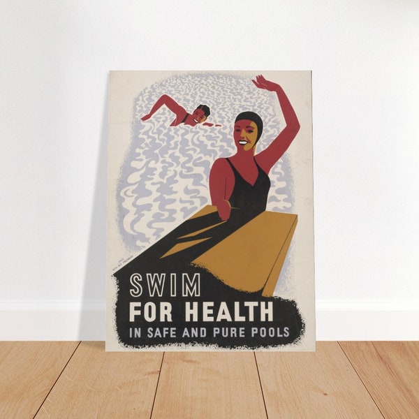 Retro Swim Wellness Poster - 1940s WPA Healthy Living Print