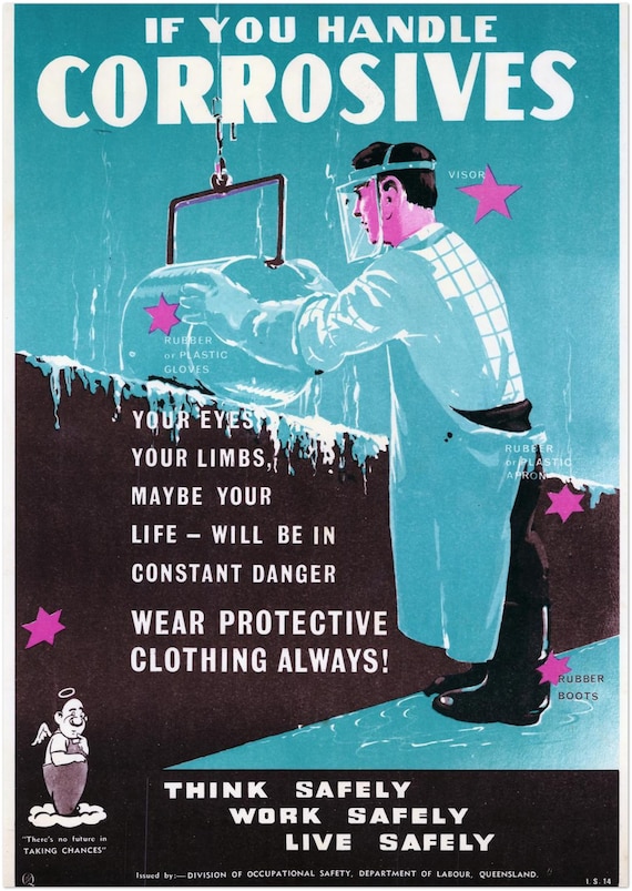 Lab Chemical Safety Poster - Vintage 1950's Corrosives Work Safety Protective Checklist