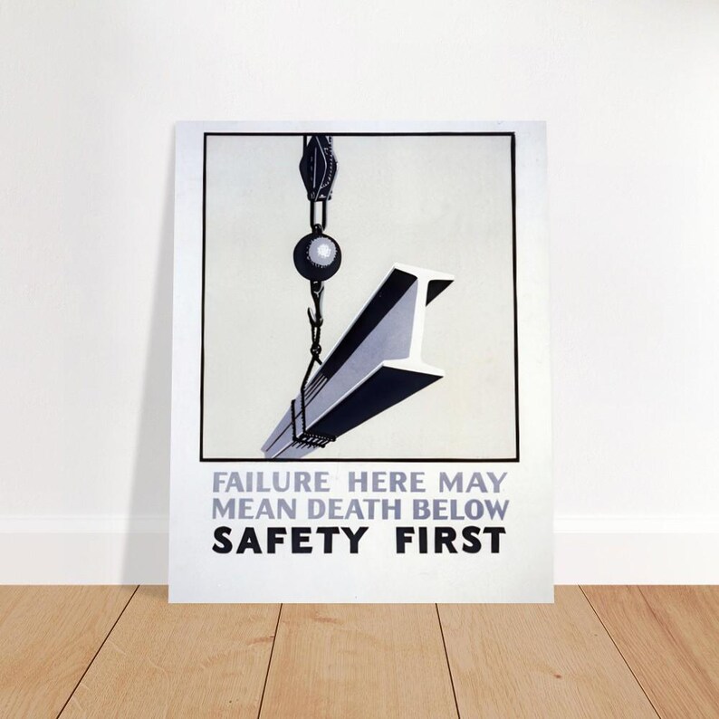 1940's Construction Safety Poster - Warning Safety First Death USA WPA Print Death from above steel beam 20x25 cm / 8x10″