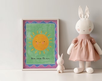 Aquí viene el sol, impresión, arte infantil, habitación infantil, decoración de pared para niños, póster de sol, regalos para niños, impresión para sala de juegos, regalo para baby shower