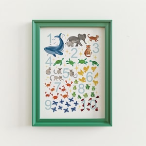 Póster de animales para niños del 1 al 10 / Impresión educativa / Decoración de pared colorida para la sala de juegos / Impresión para la guardería / Dormitorio infantil / Obra de arte de aprendizaje