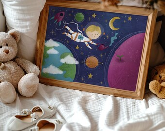 Astronaut Space Print: Kids Room Wall Art, Planets & Rocket