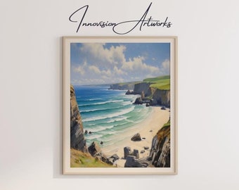 Serene Beach Oil Painting - Digital Art Print | Coastal Decor | Instant Download | Printable Wall Art |