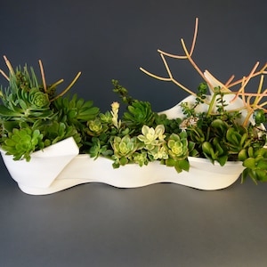 May include: A white ceramic planter with a wavy design, filled with a variety of green succulents and a single branch with red stems.