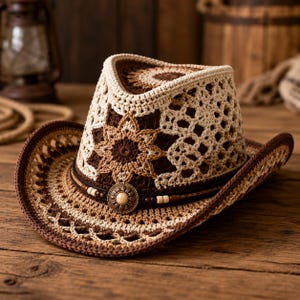 Può includere: Un cappello da cowboy all'uncinetto nei toni del crema e del marrone scuro, caratterizzato da un intricato motivo traforato, una stella prominente sul davanti e una fascia decorativa con un medaglione metallico centrale e piccole perline di legno.