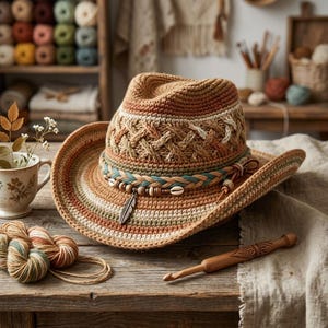 Puede incluir: Un sombrero de ganchillo en tonos marrón, beige y verde con una banda trenzada decorada con cuentas de madera, pequeñas conchas blancas y un dije de pluma de metal. El sombrero tiene una corona texturizada y un ala ancha con rayas horizontales.