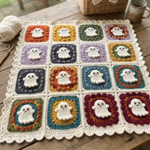 May include: A square crochet blanket featuring sixteen individual granny squares, each displaying a small white ghost appliqué. The squares are bordered in cream yarn with a scalloped edge, showcasing various colors including orange, yellow, green, purple, teal, and dark red.