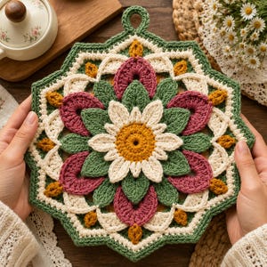 Mönster för virkade grytlappar | Blommig mandala-grytunderlägg, köksunderlägg (PDF-nedladdning)