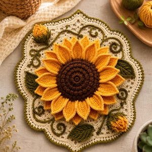 May include: A round, cream-colored crochet doily featuring a large, three-dimensional sunflower in the center with bright yellow petals and a dark brown textured core, accented by green crocheted leaves and two small yellow sunflower buds.