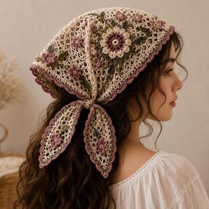 May include: A triangular crochet headscarf in cream yarn featuring intricate floral motifs in shades of dusty rose and sage green. The accessory has a delicate openwork pattern and a scalloped border in a darker purple hue, tied at the back.