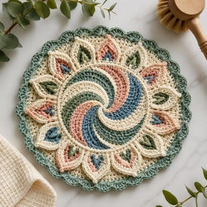 May include: A round, crocheted mandala-style coaster or hot pad featuring a central spiral pattern in shades of sage green, dusty pink, and slate blue, surrounded by a cream-colored border with petal-like accents and a scalloped sage green edge.