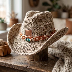 May include: A beige crocheted cowboy hat featuring a braided band in shades of orange and cream. The hat is accented with a rectangular brown leather patch on the front, small feathers, and a central turquoise bead with intricate silver detailing.