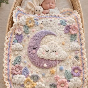 May include: A cream-colored crochet baby blanket featuring a large textured purple crescent moon and a smiling white cloud. The blanket is decorated with pastel-colored crocheted flowers, leaves, and small stars, finished with a scalloped edge border.