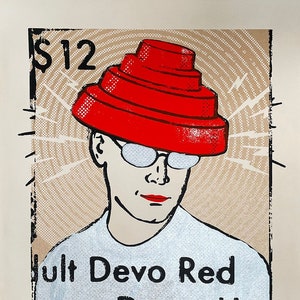 May include: A red and white illustration of a person wearing a red, multi-tiered dome hat and glasses. The text "$12" is in the top left corner. The text "Adult Devo Red Energy Dome Hat" is in the bottom center of the image.