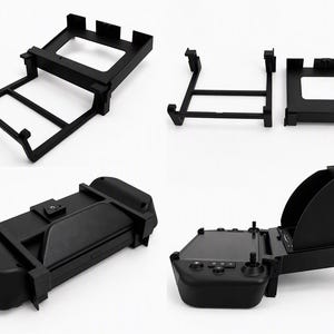 Collage: holder and clamp frame, the two parts separately, the clamp on the back of the controller and the monitor mounted at the side
