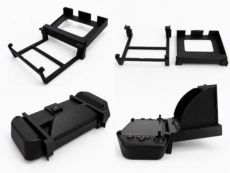 Collage: holder and clamp frame, the two parts separately, the clamp on the back of the controller and the monitor mounted at the side