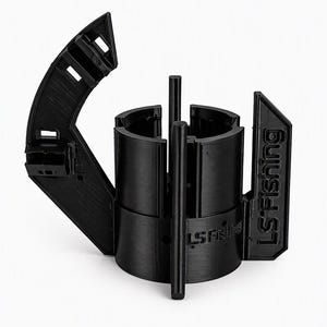 Black 3D printed anti-spinner on its own, showing the sleeve, the four fins, the curved cable arm with clips and the LS Fishing text