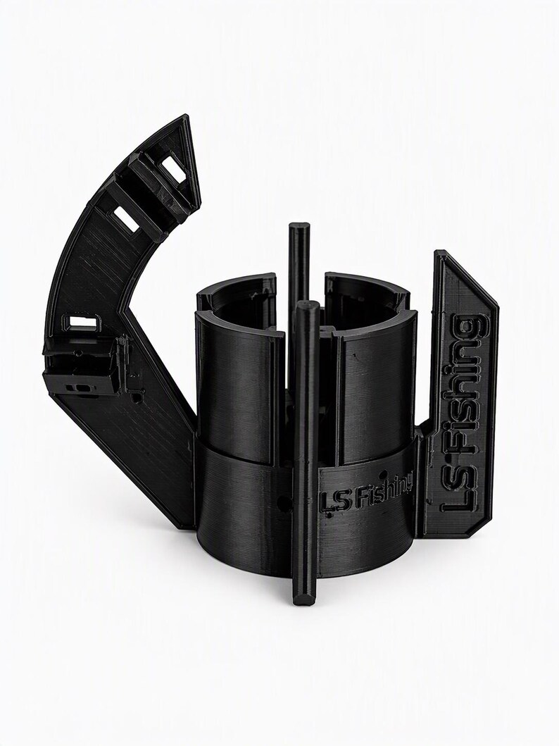 Black 3D printed anti-spinner on its own, showing the sleeve, the four fins, the curved cable arm with clips and the LS Fishing text