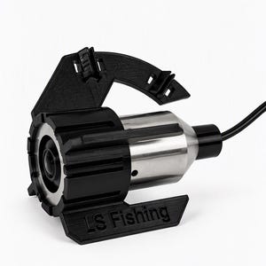 Black 3D printed anti-spinner clicked onto a stainless Carplounge Winchcam underwater camera, with four fins, the curved arm with cable clips and the LS Fishing logo